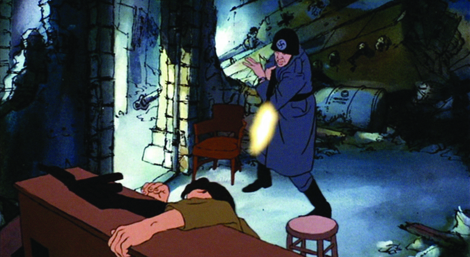 Drawing of man wearing hat with swatsika shooting a gun at a figure who is mostly obscured behind a wall, with crashed plane and ruins in background. 