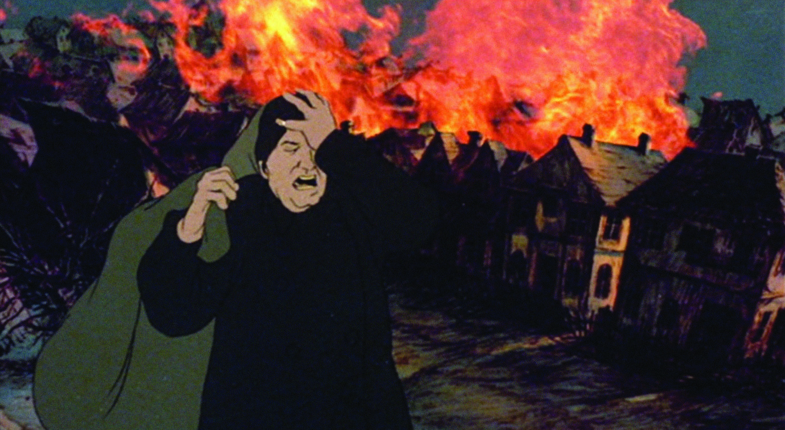 Drawing of figure in hat with hand on their head walking away from a cityscape on fire.
