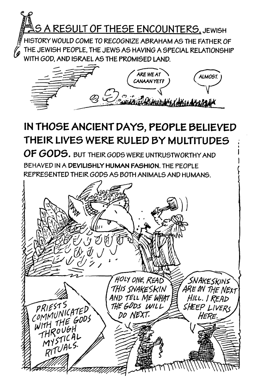 English text about Jewish history and pagan gods interspersed with images of a crowd of people on the horizon, someone chiseling an animal-head sculpture, and silhouetted figures talking. 
