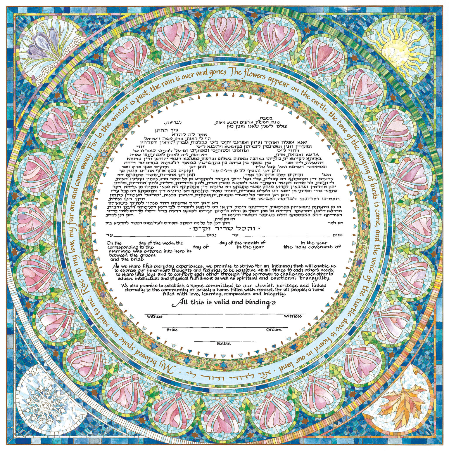 Seasons Ketubah Decorative page featuring designs and floral motifs around border and central text in Aramaic and English.