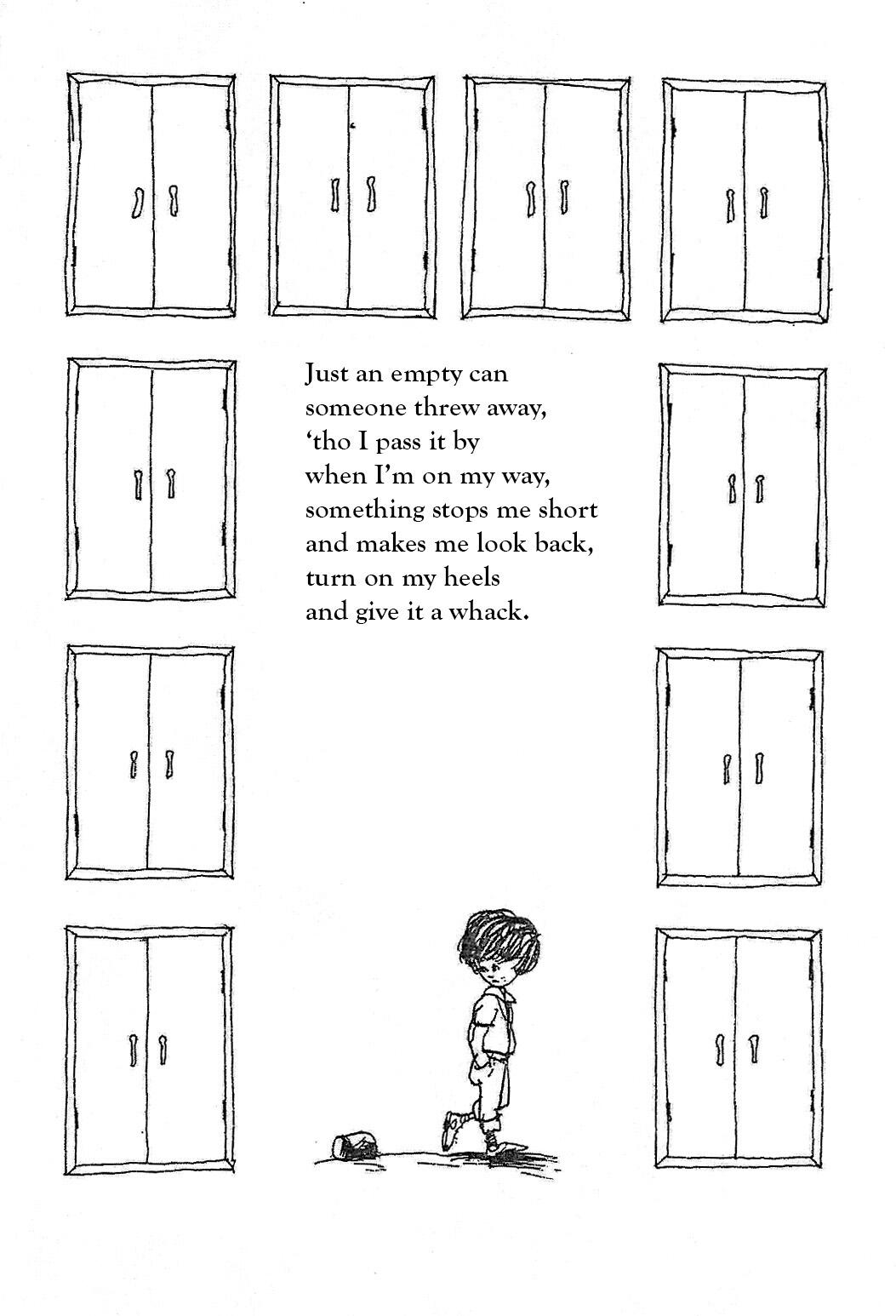 Drawing of child and can on the ground surrounded by border of many double doors, and English text in center.