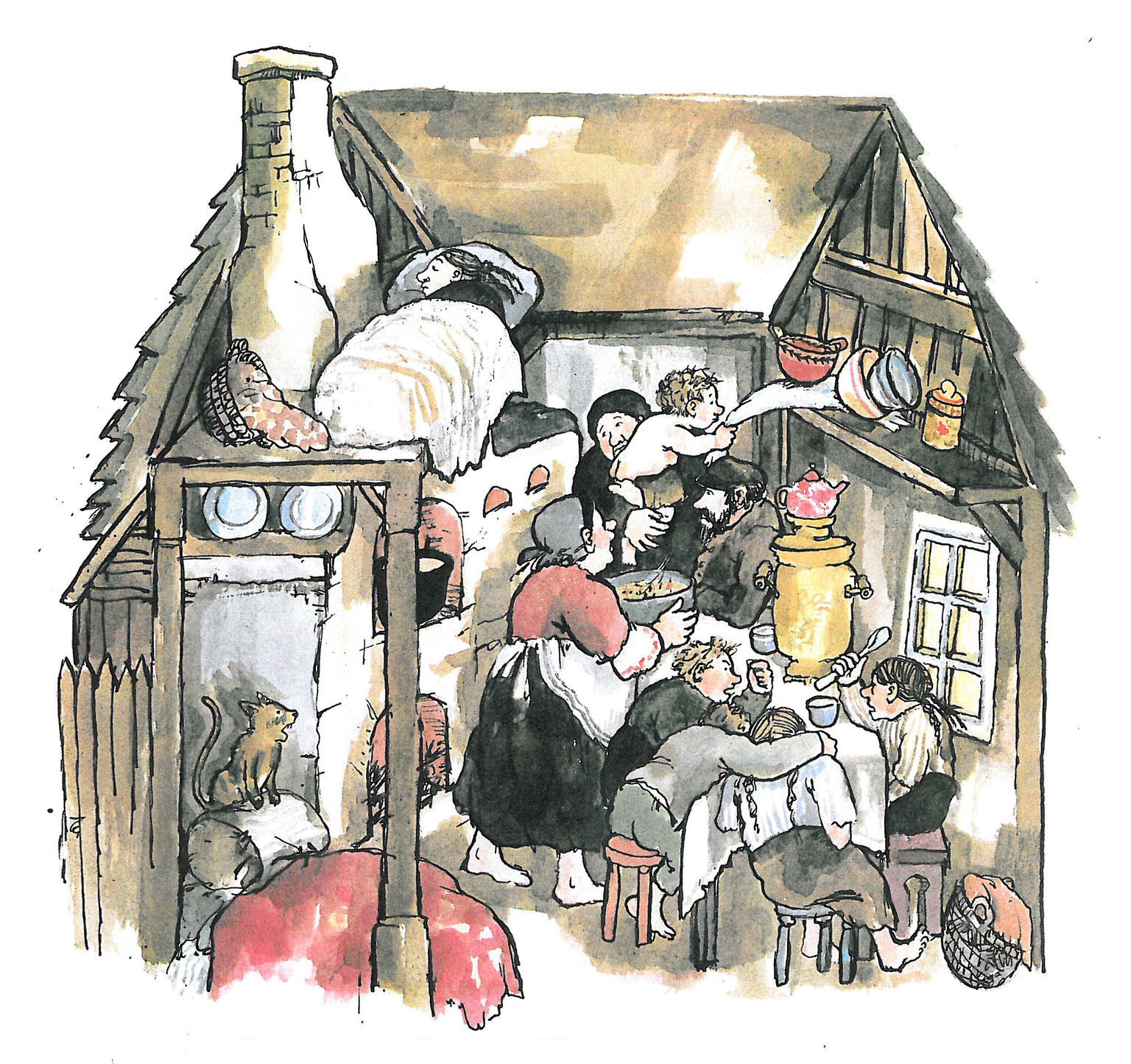 Painting of interior of wooden house filled with people, objects, and animals.