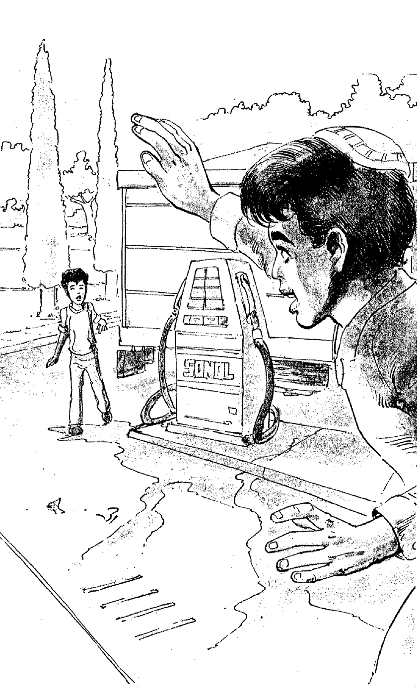 Drawing of one boy waving to another who is rounding the corner toward him. Drawing of one boy waving to another who is rounding the corner toward him.