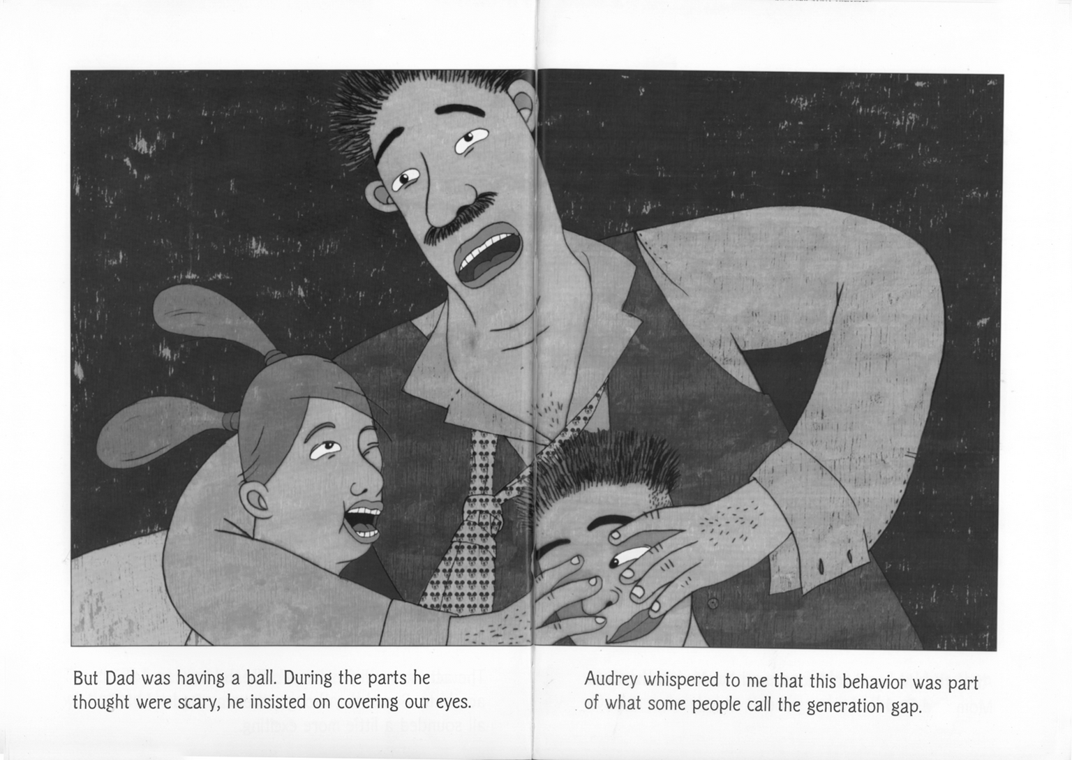 Drawing of moustached-man hugging two children. 