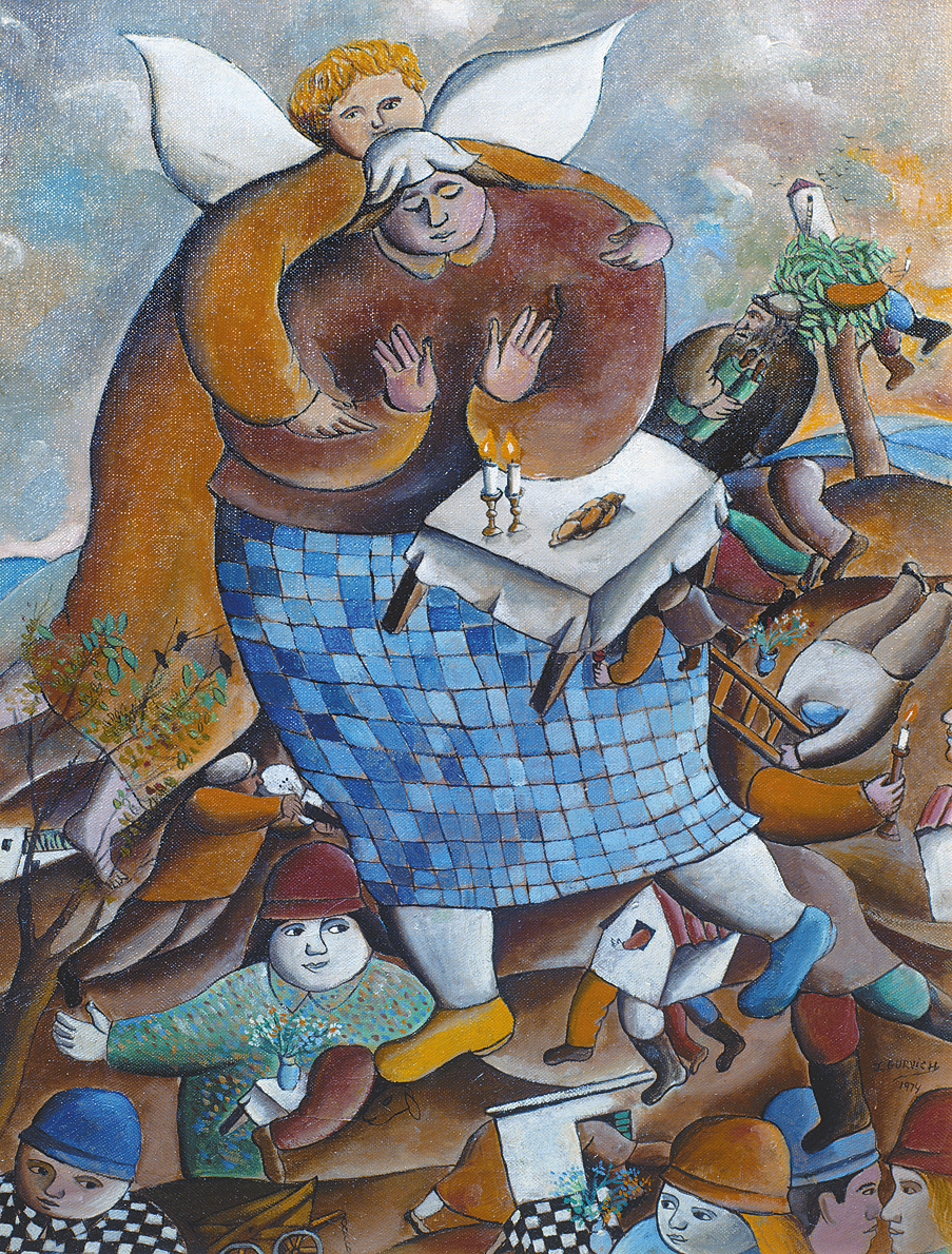 Abstract painting featuring a large woman being held in the air by an angel, waving her hands over floating table in front of her, with people, houses, and plants floating below her feet. 