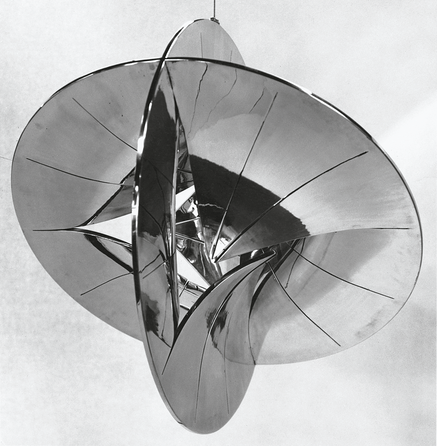 Spherical polished aluminum sculpture resembling two intersecting discs. 