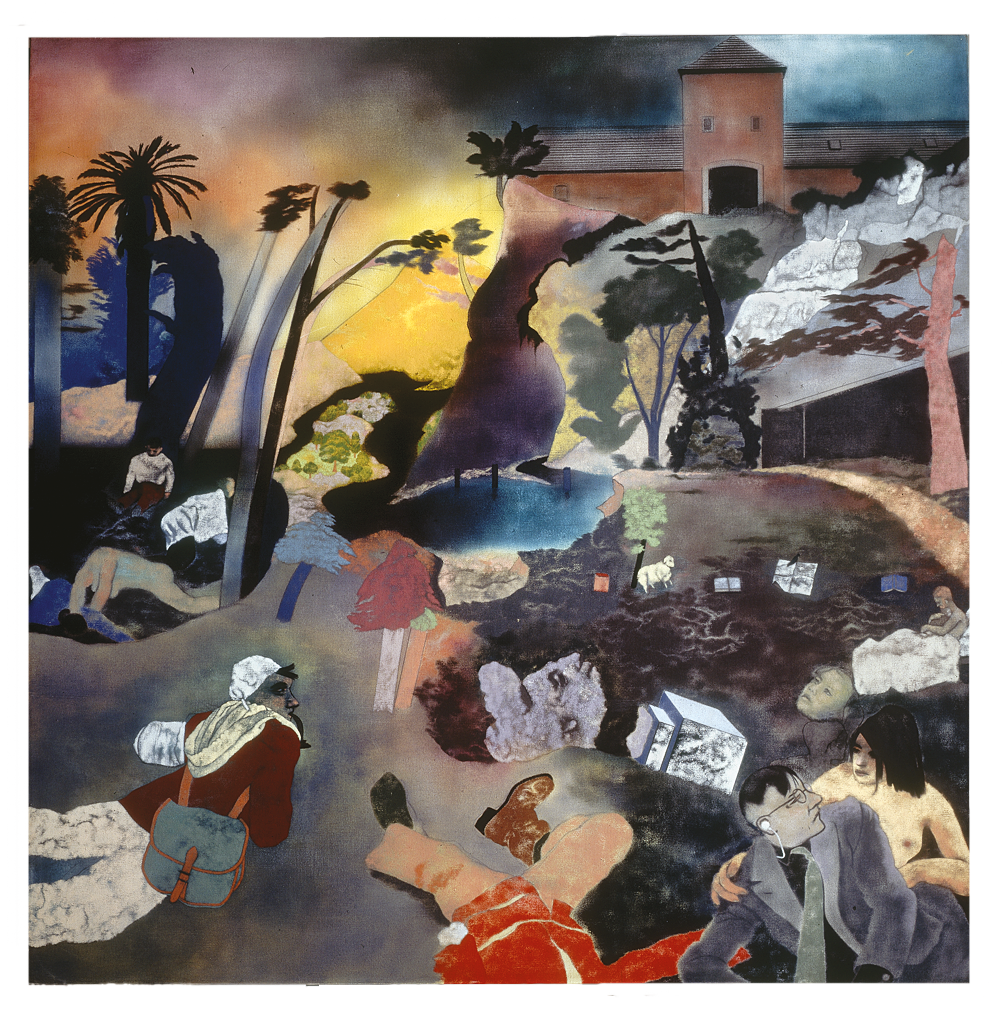 Painting with trees and shadowy figures in center, a nude woman next to a man with an earpiece on the bottom left, gatehouse on top left, and man holding a baby on the bottom right. 