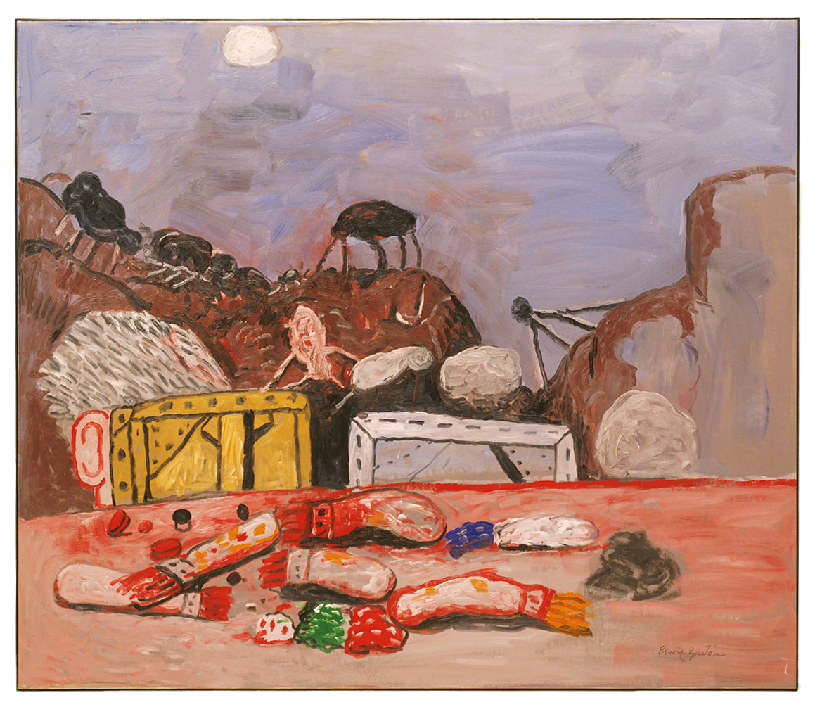 Abstract landscape painting featuring a face covered by a canvas behind a table covered with paintbrushes, with hills of barren landscape and geometric shapes in background. Abstract landscape painting featuring a face covered by a canvas behind a table covered with paintbrushes, with hills of barren landscape and geometric shapes in background.