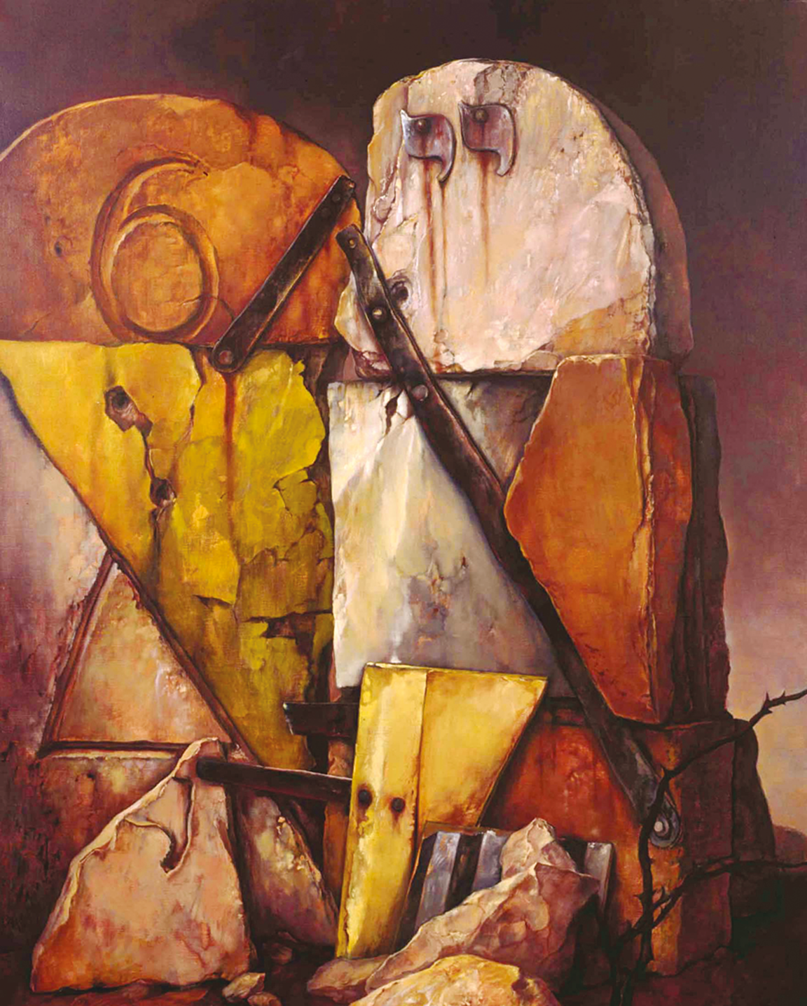 Painting of stacked stones forming a Star of David with cracks and metal, with a number 6 above the star on one of the rocks and quotation marks on another set of rocks. Painting of stacked stones forming a Star of David with cracks and metal, with a number 6 above the star on one of the rocks and quotation marks on another set of rocks.