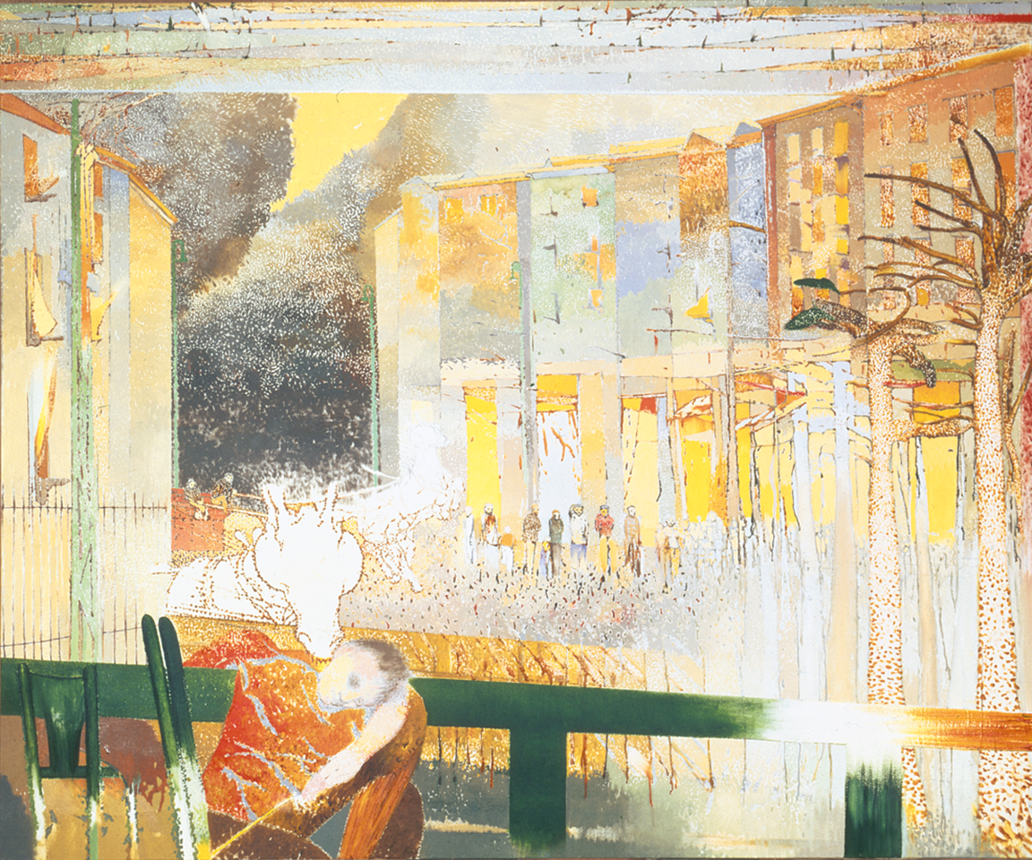 Painting of man with head down and arm draped over bar in front of buildings and a giraffe head leaning over the wall next to his cheek.