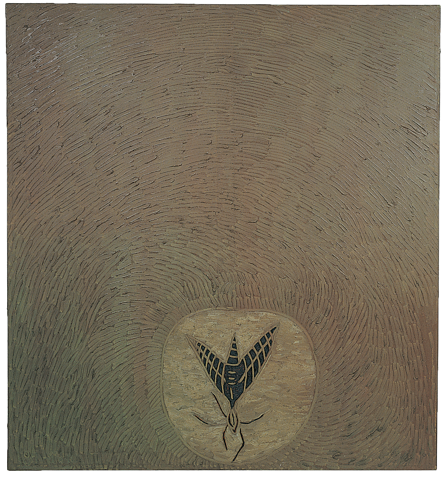 Painting featuring moth inside a circle at the bottom of canvas.