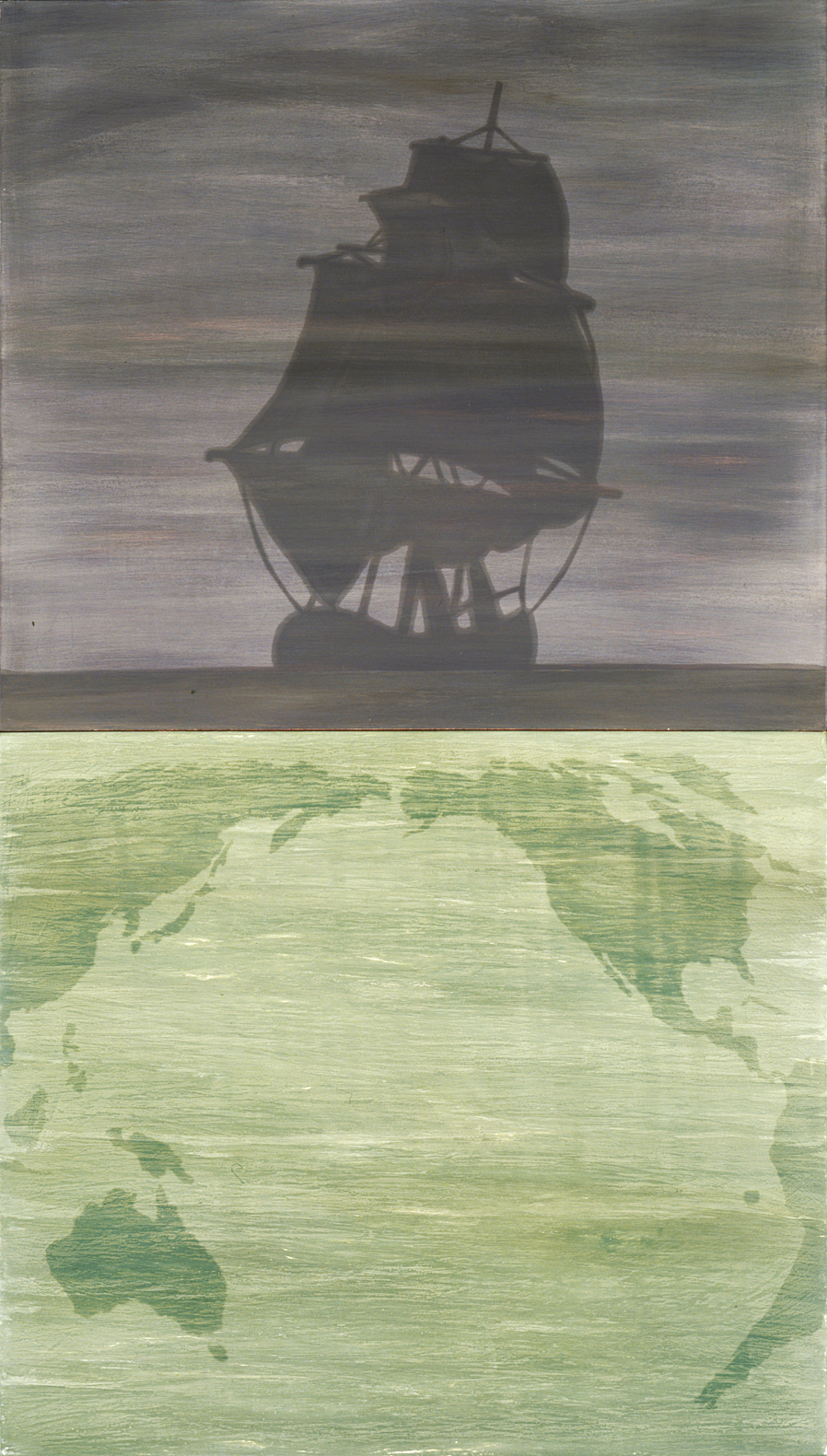 Painting on wood of antique sailing vessel on top and world map on bottom.