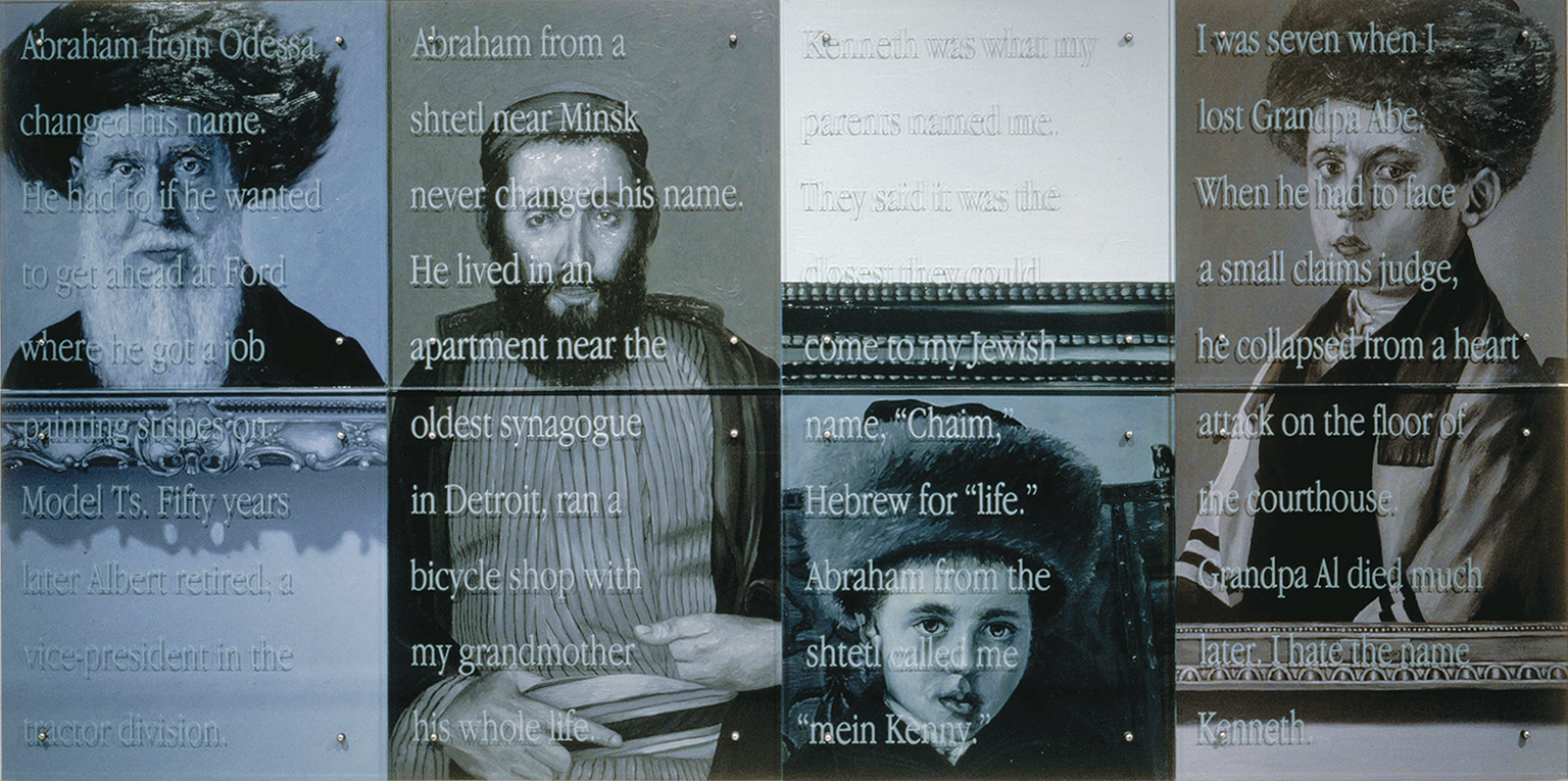 Oil on wood showing English text over four human faces. 