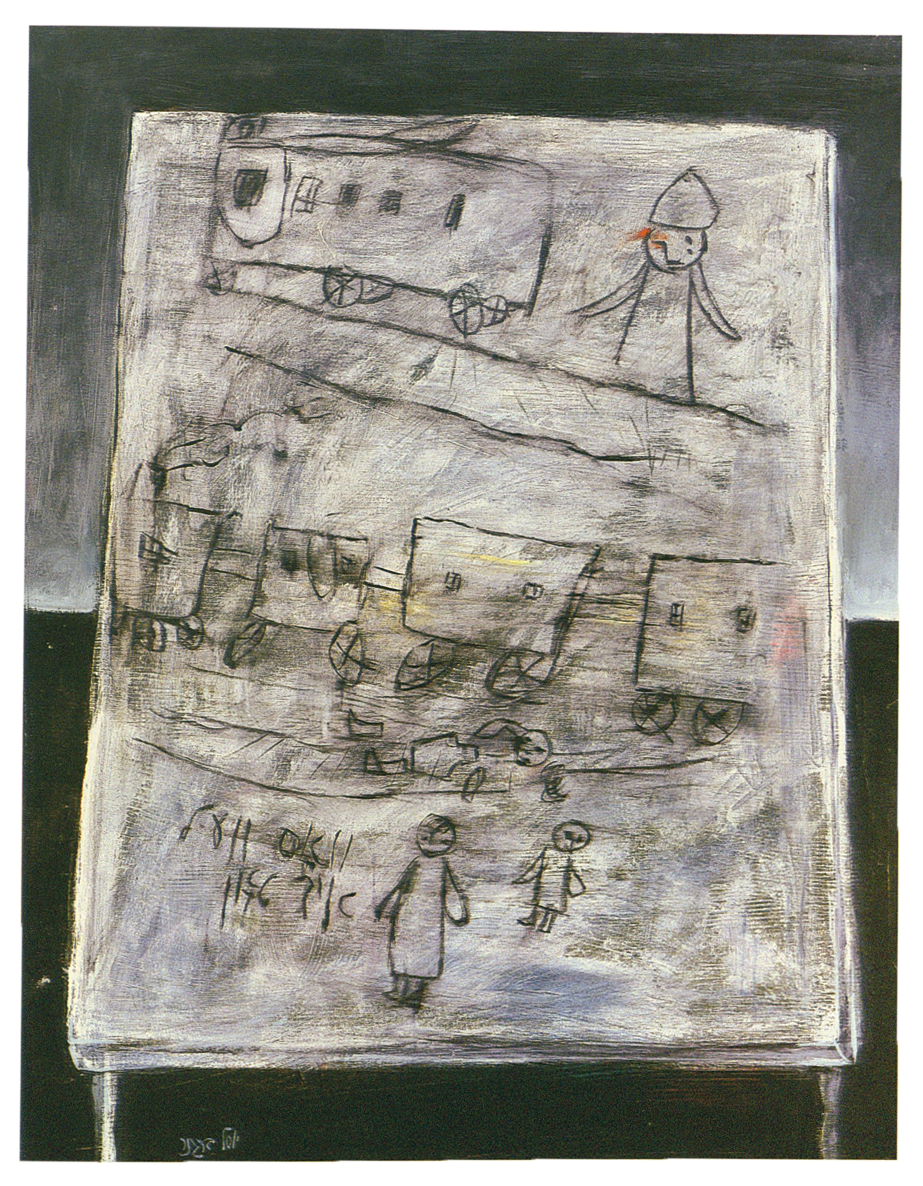 Stylized drawing featuring stick figures, train cars, and wagons.