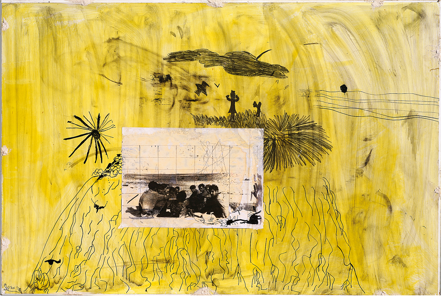 Mixed media on canvas featuring a photograph of soldiers surrounded by abstract drawing.
