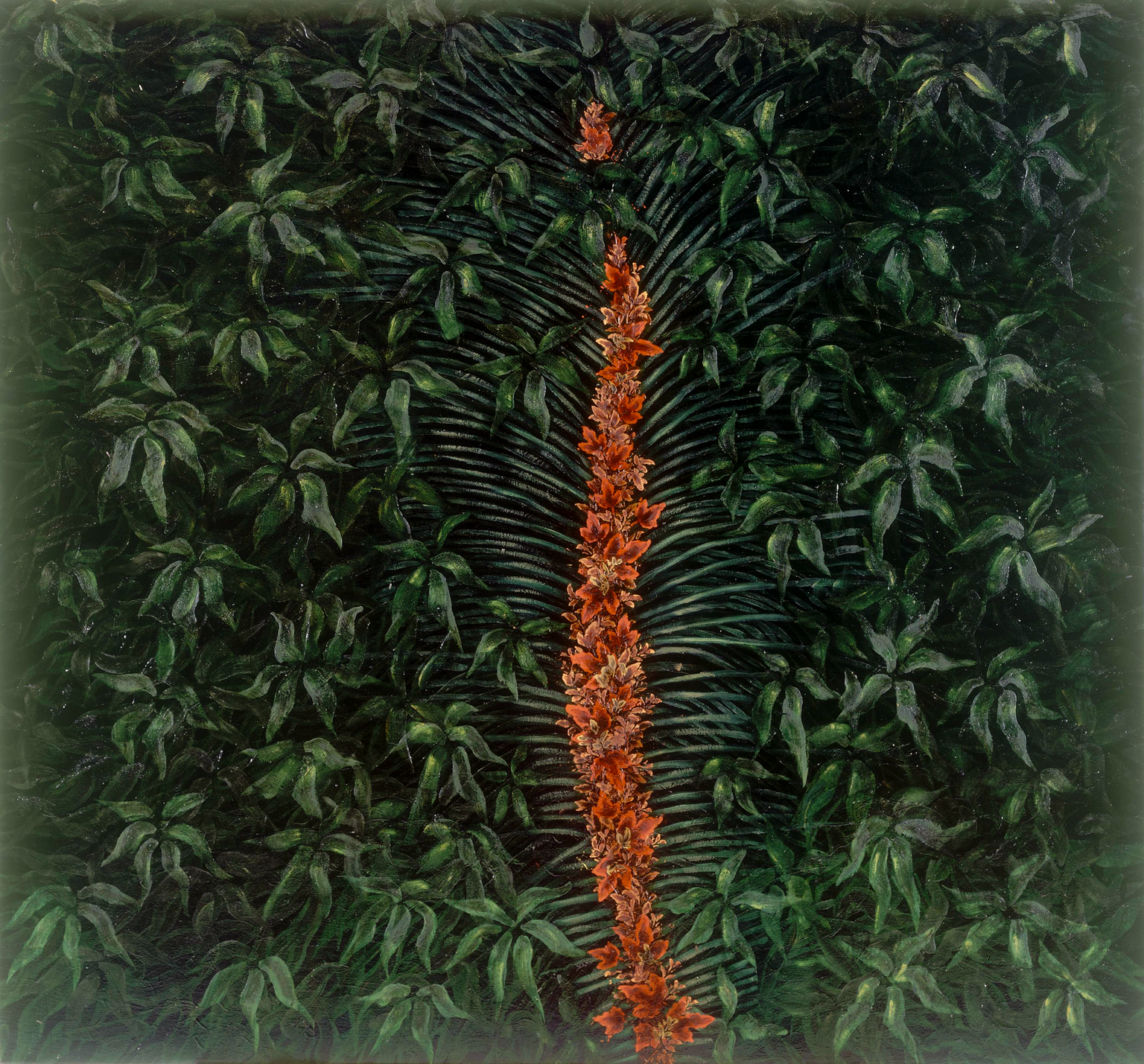 Painting of vertical row of flowers surrounded by leaves.