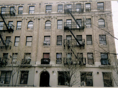 Outside of an apartment building in the Bronx, New York.