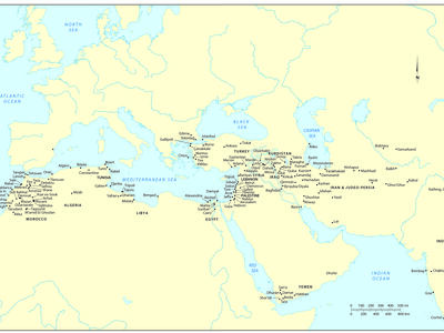 Map of the Near East with cities and countries labeled. 