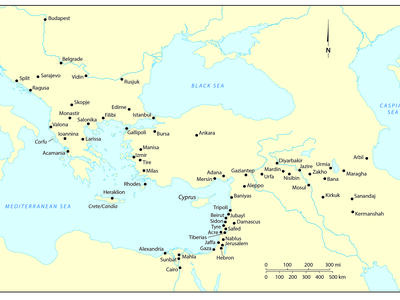 Map of the Eastern Mediterranean with cities and seas labeled. 