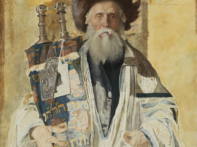Bearded man in prayer shawl and furred hat holding Torah scroll and looking at viewer.