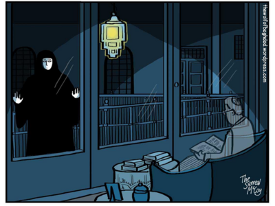 Illustration of a woman in an abaya standing on a balcony, peering into a room. Inside, a man in a yamulke reads a book.