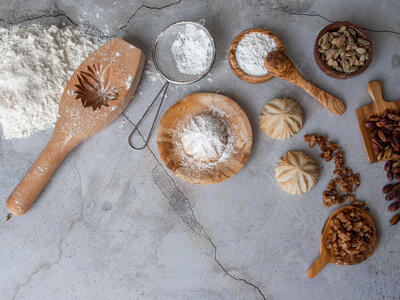 Cookies, ingredients, and molds for baking
