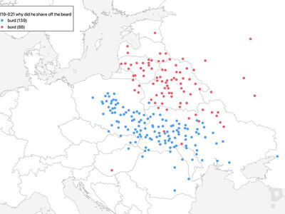 Unlabeled map of Europe with red and blue dots. Red dots are spread across Belarus, Lituania, Latvia, and Ukraine, and blue dots are clustered in Ukraine and Poland.
