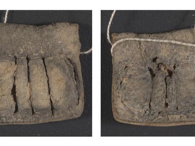 Two images, each showing one side of a worn, rectangular leather object tied with a thin string. The side in the left image has four raised, rounded sections separated by vertical grooves.