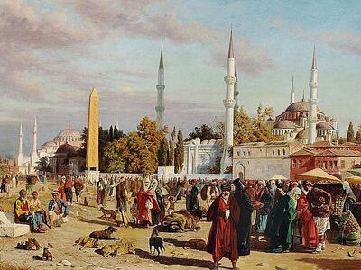Painting of people and animals milling about in a marketplace with buildings and sky behind.