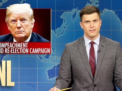 Thumbnail picture of SNL Weekend Update anchor Colin Jost next to a corner picture of President Donald Trump.