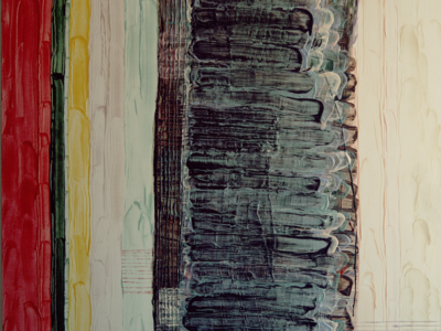 Abstract painting featuring thick vertical bands of color and clustered horizontal bands.