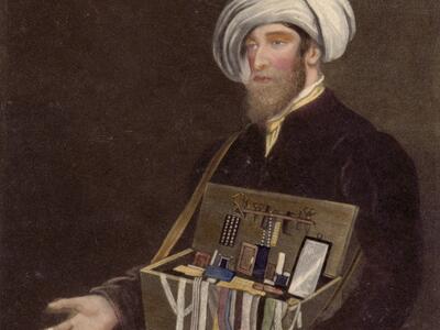 Painting of a man in a turban with a box of sewing supplies
