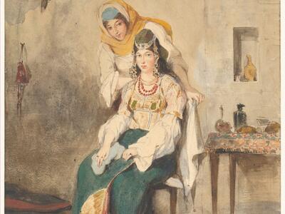 Watercolor featuring seated young woman in beaded headdress and flowing dress, and another woman in shawl leaning over her. 