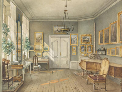 Painting of room featuring natural light, grand piano, and walls filled with pictures in gold frames.