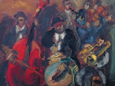 Abstract painting of musicians performing, with bearded man in hat and jacket sitting in center playing a large drum, man to the left standing in hat and jacket and playing double bass, man to the right seated and playing tuba, and other musicians in the background.