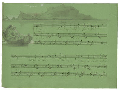 Sheet music featuring drawing of mountains and boat above staff.