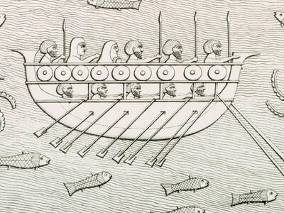 Relief of boat with several men in profile with spears inside, surrounded by water, fish, and octopuses. 