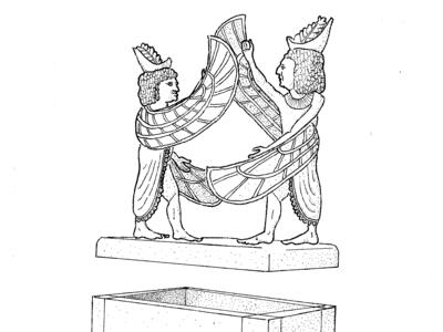 Rectangular box and separated lid with two winged figures standing across from each other.