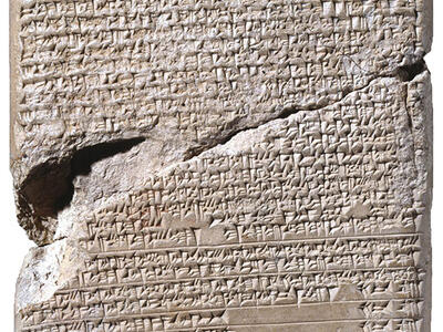 Stone tablet with large crack in middle inscribed with Akkadian writing.