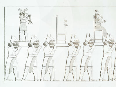 Drawing of helmeted figures carrying statues.