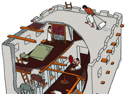 Cut-away drawing of house interior with two stories consisting of an upper bedroom, and animal stalls and cooking areas on bottom floor.