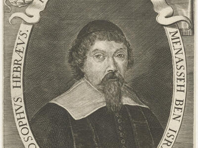 Portrait print of man in skullcap and beard with Latin text in oval frame, Latin text below, and small illustration of man with walking stick and Hebrew book above. 