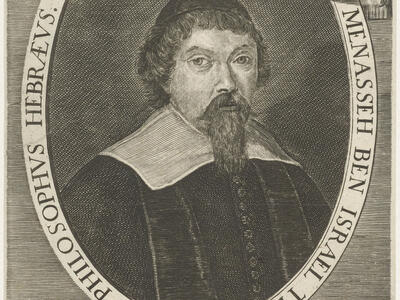 Portrait print of man in skullcap and beard with Latin text in oval frame, Latin text below, and small illustration of man with walking stick and Hebrew book above. 