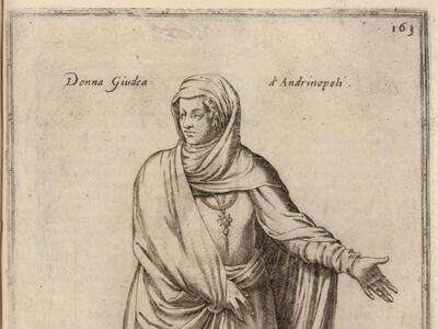 Print of standing woman wearing necklace and robes with head covering and Italian heading.