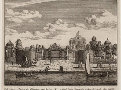 Print of river with boats in foreground and house and trees behind wall in background.