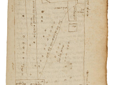 Manuscript page with Hebrew words in hand-drawn geometric shape with lines and small circles. 