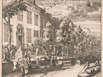 Drawing of angled view of house exterior and canal in front of it, with individuals in boats on canal arriving at the front door.