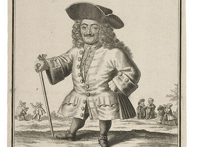 Drawing of a man of short stature with long wavy hair and a hat, holding a cane in right hand with left hand on hip, with figures in background and Hebrew and German writing above and below picture.