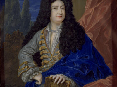 Portrait painting of man wearing long wig, facing viewer, and holding book in left hand, and cloak draped over left arm.