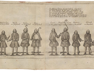 Drawing of men in fetters arranged in a line, some with ropes around their necks, and German text above.